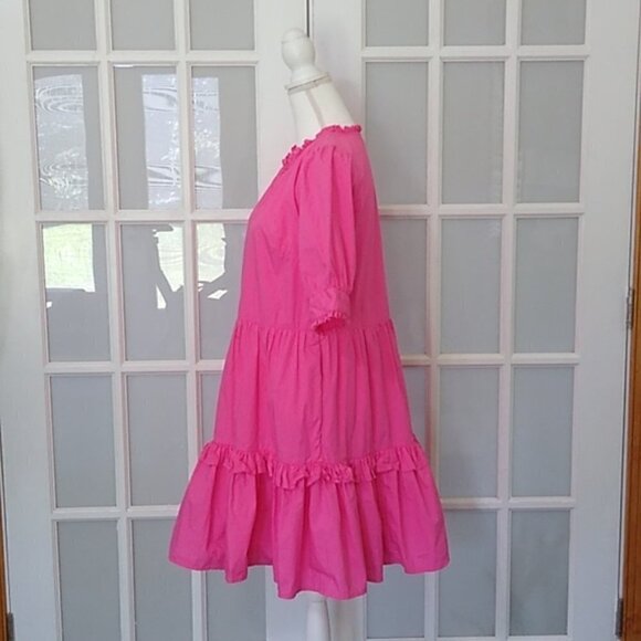 J. Crew Pink Ruffleneck Tiered Cotton 3/4 Sleeve Popover Dress - Picture 4 of 16